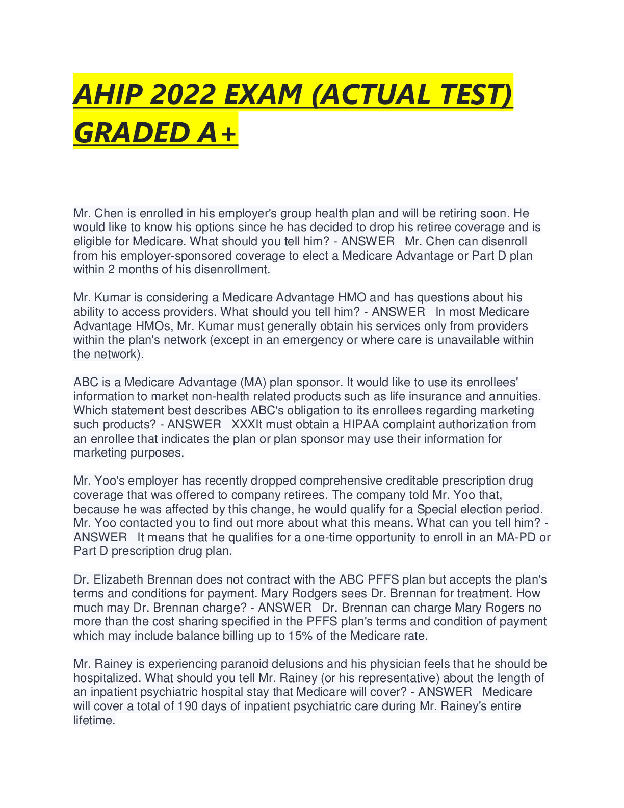 Preview image for AHIP 2022 EXAM (ACTUAL TEST) GRADED A+